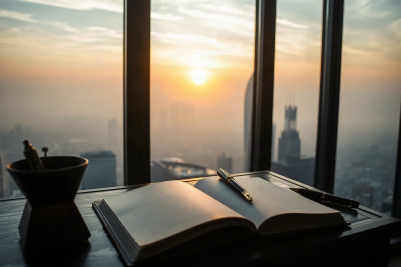 Illustration made with FLUX.1 schnell: a writer's desk with an open notebook overlooking a city at sunrise