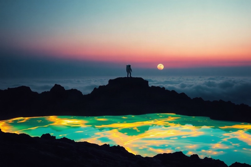 An astronaut on a volcanic cliff above a glowing alien ocean at twilight, made with FLUX.1 schnell